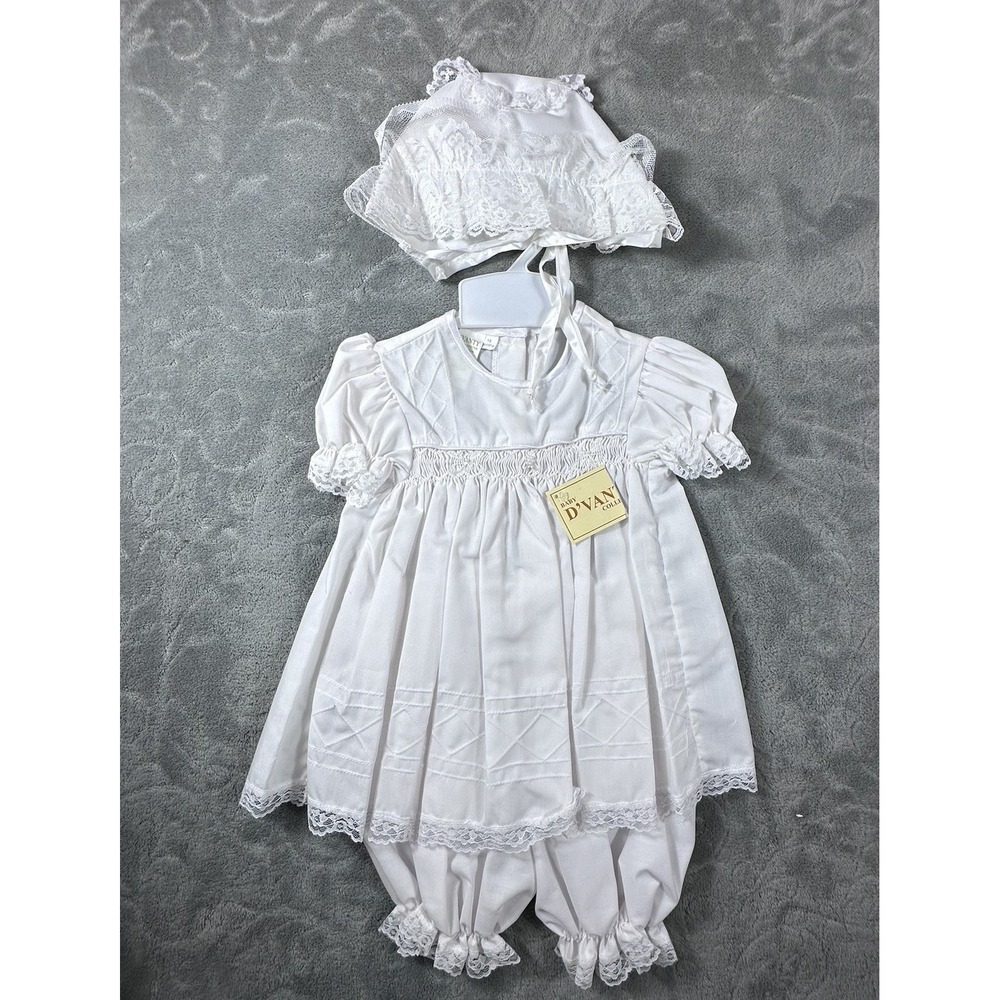 Vintage White Lace Baby Girl Baptism Christening Gown Dress Bloomers Bonnet 18M